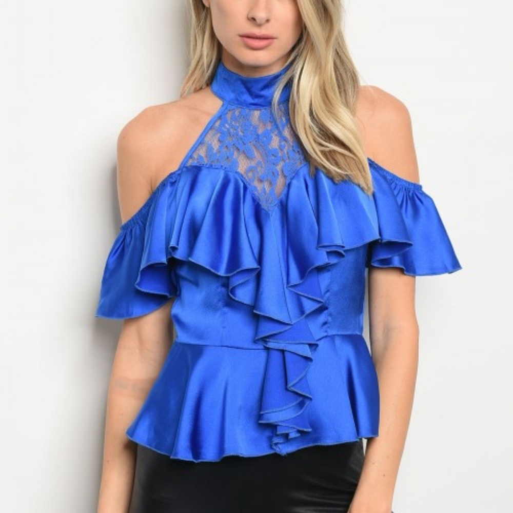4/$20 Royal Blue Off Shoulder Ruffle Top - Picture 3 of 5